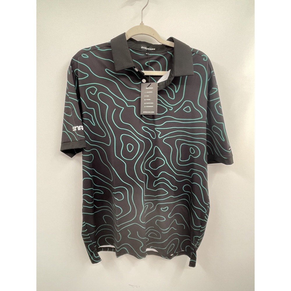Byrdgang Golf Polo Shirt Mens XL Black Topographic Print Stretch Performance NWT